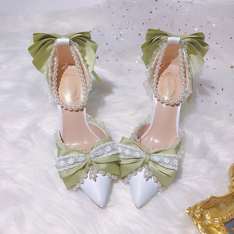 Soufree  -  Lolita High Heels for Women Pearl Lace Green Designer Shoes High End Knot Bridal Shoes Fashion Women Trending