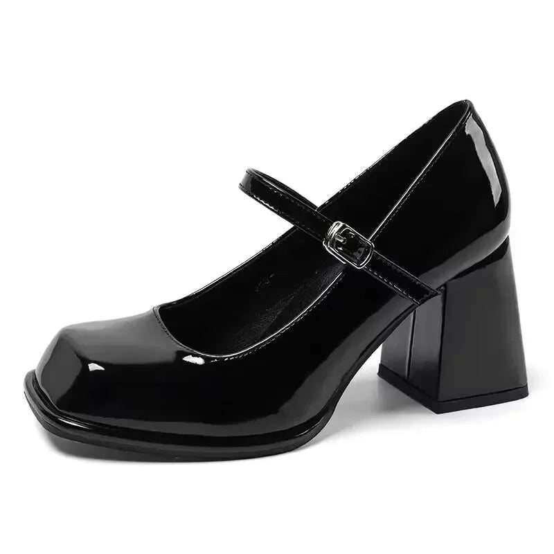 Soufree   -  Mary Janes Vintage Black Sandals Woman Buckle Non-Slip Casual Medium Heels Office Ladies Solid Elegant Heels Korean Summer