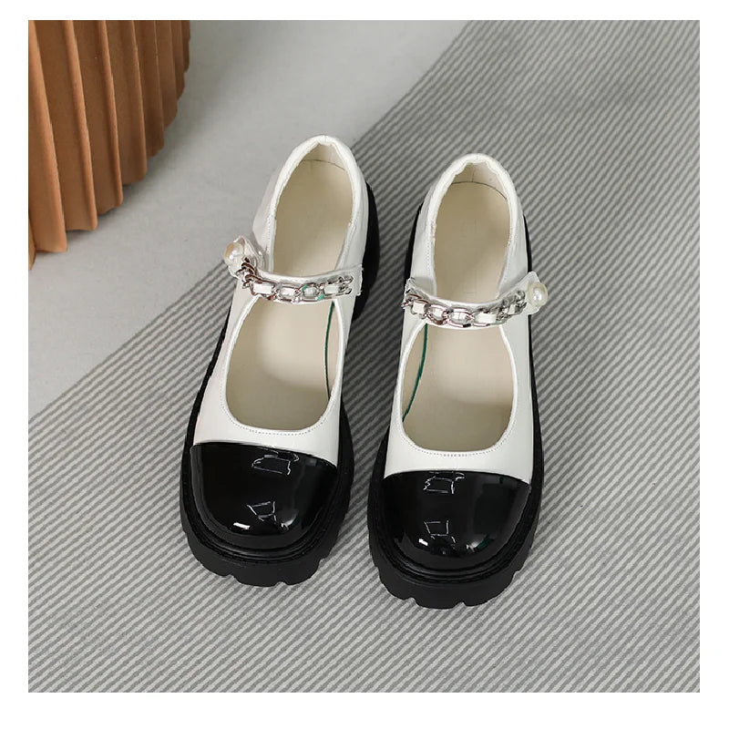 Soufree  -  Fairy High Heels Lolita Sweet Shallow Mouth Single Shoes Fashionable Pearl Colored Mary Jane Shoes Academy Style Leather Shoes