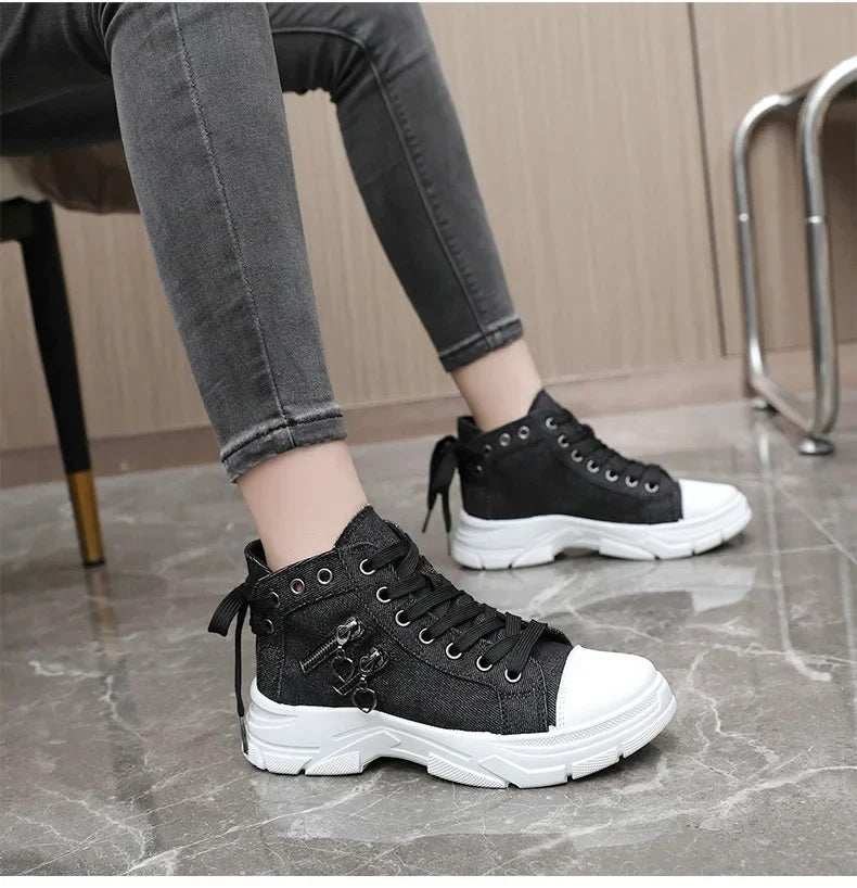 Soufree  -  fall shoes women New Women Plus Sizes Sneakers High Top Female Denim Canvas Shoes Thick Sole  Girls Students Ankle Canvas Boots Lace Up