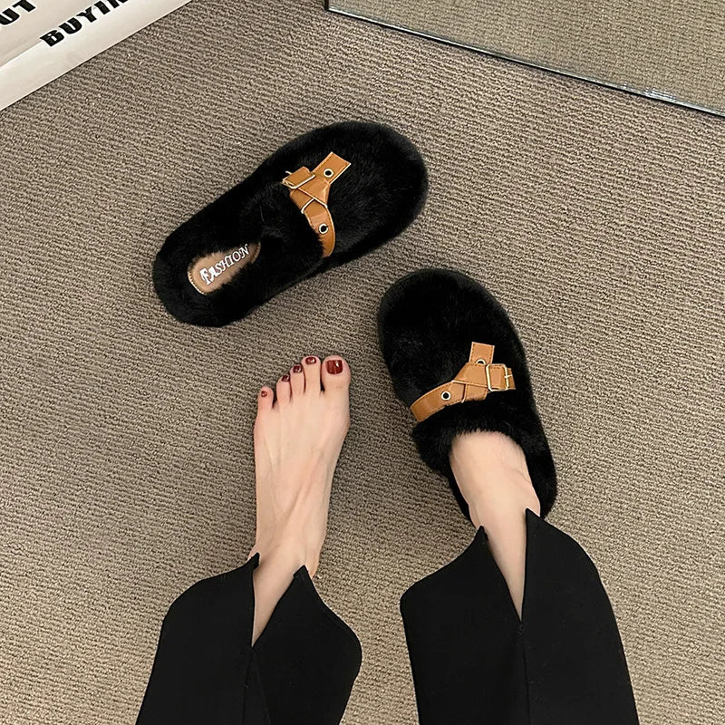 Soufree  -  Slippers Casual Flock  Platform Shoes New Fur Flip Flops Cover Toe Slipers Women Slides Luxury Plush Flat Rubber Slippers