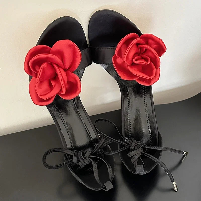 Soufree  -  Female Footwear Cross-tied Designer Shoes Silk Rose Thin High Heels Sandals Open-toe Fashions Purple Dressy Sandals Women Pumps