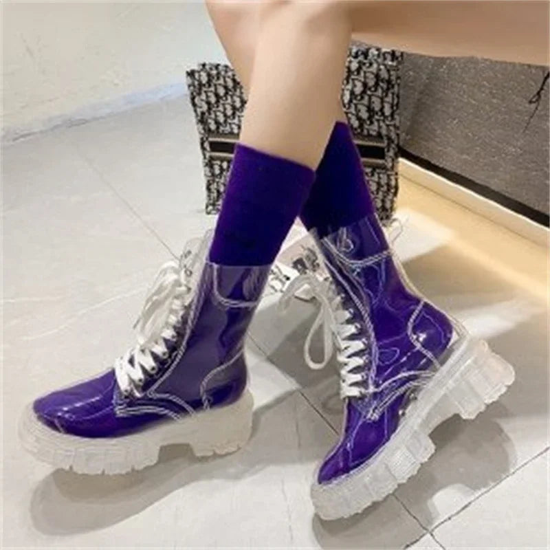 Soufree  -  Fashion Women Pu Transparent Platform Boots Waterproof Ankle Boots Feminine Clear Thick Bottom Rainboots Sexy Female Shoes