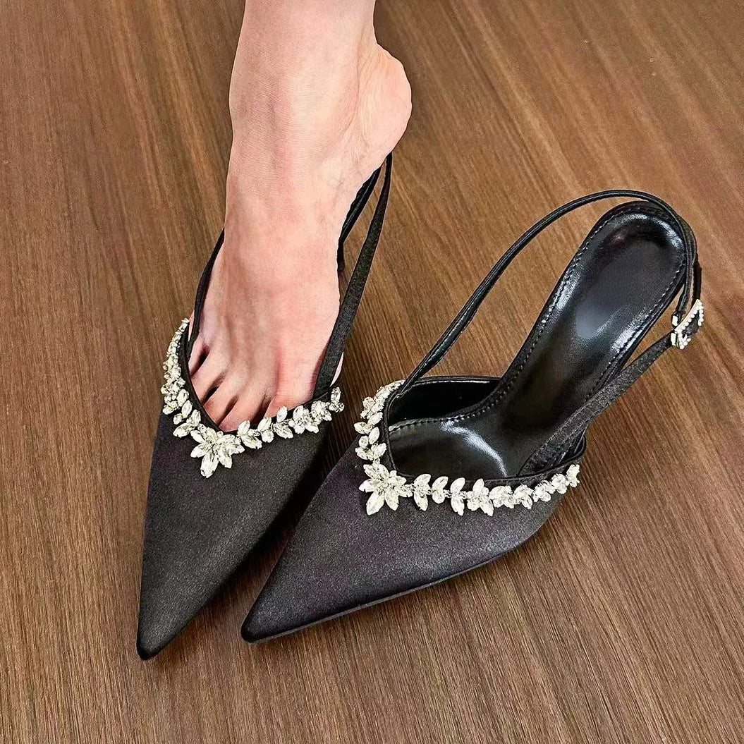 Soufree  -  Satin Rhinestone Luxury High Heels Women Sexy Designer Sandals Female Shiny Elegant Bridal Pointed Pumps Women Party Dress Shoes