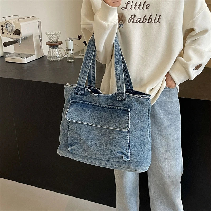 Soufree  -  Large Denim Women's Bag New Jeans Tote Bag Y2K Canvas Shoulder Bag Student Eco Bag Korean Shopper Female Purses and Handbag