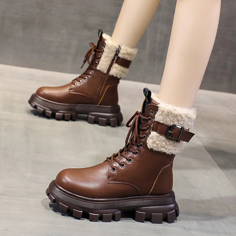 Soufree  -  Plush Cotton Boots Women's Autumn and Winter New Retro Thick Bottom Ankle Boots Muffin Bottom Plush women Boots