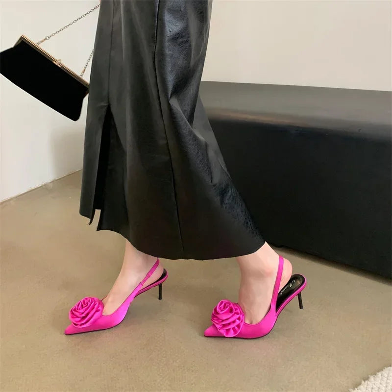 Soufree  -  Sweet Silk Slingback Pointed Toe Women Pumps Summer Fashion Flowers Design Sandals for Women Luxury Thin High Heels Party Shoes