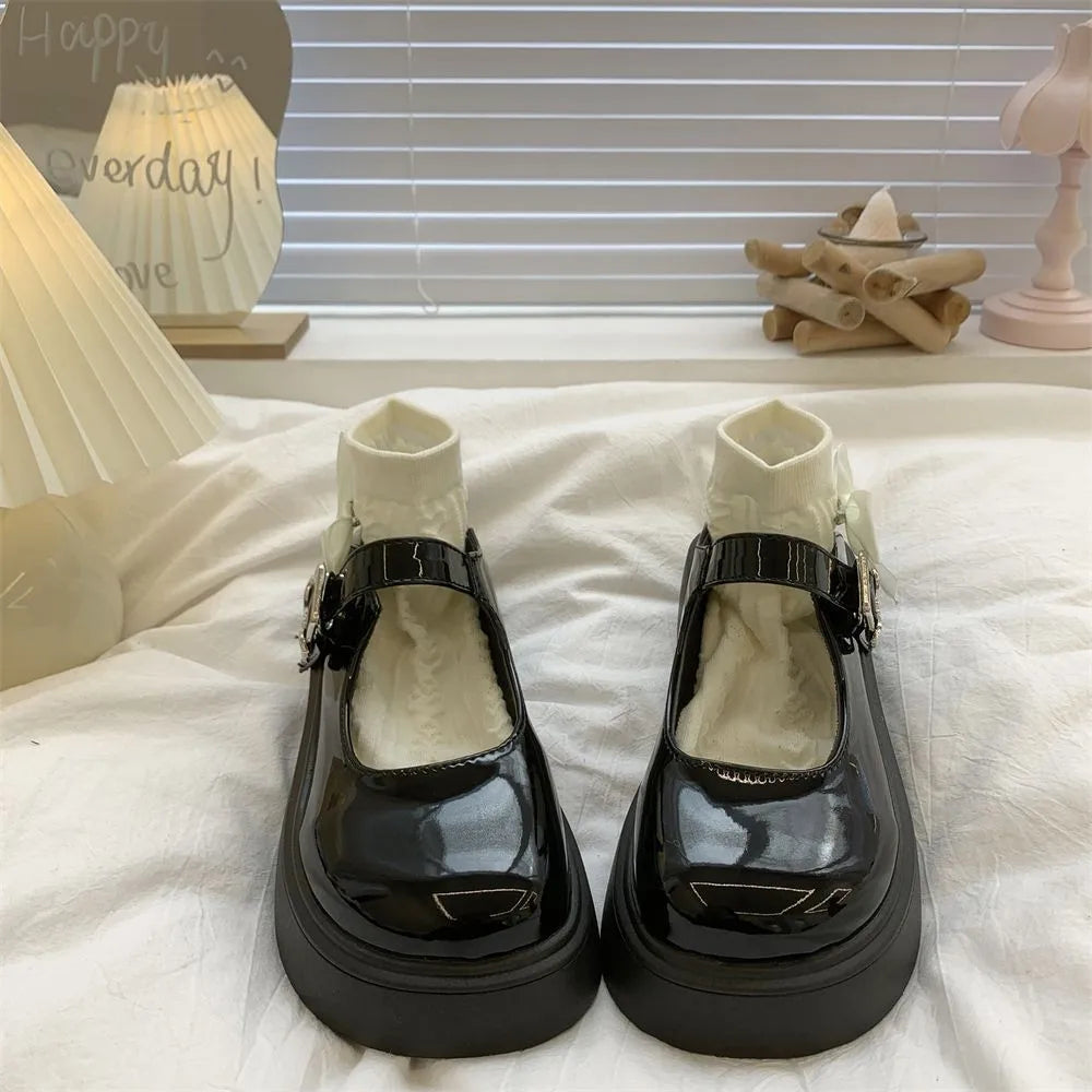 Soufree  -  Simple Lolita Shoes Platform Heels Mary Jane Shoes Black Platform Shoes Student College Sweet Medium Heel Women's Single Shoes