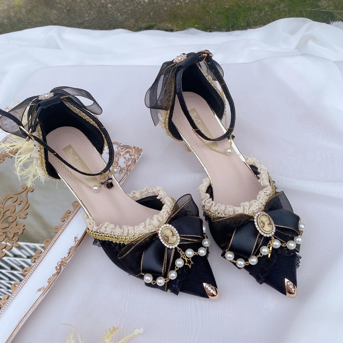 Soufree  -  Stage Performance Shoes Girl Lolita Handmade Black Pointed Thin Heels Elegant Flower Wedding High Heels Lo Shoes Gift For Daught