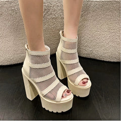 Soufree  -  High Heeled Sandals Women Summer Thick Heel Mesh Yarn Design Boots for Women Waterproof Platform Shoes Hollow Roman Sandals