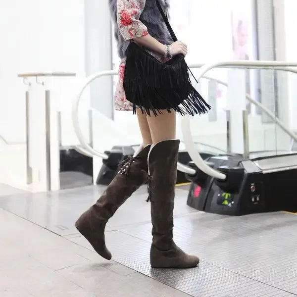 Soufree  -  unique shoes Sexy Womens Boots Faux Suede Over The Knee Flat Warm Boots Comfortable Thigh High Boots Lace-up Woman Winter Shoes High Quality