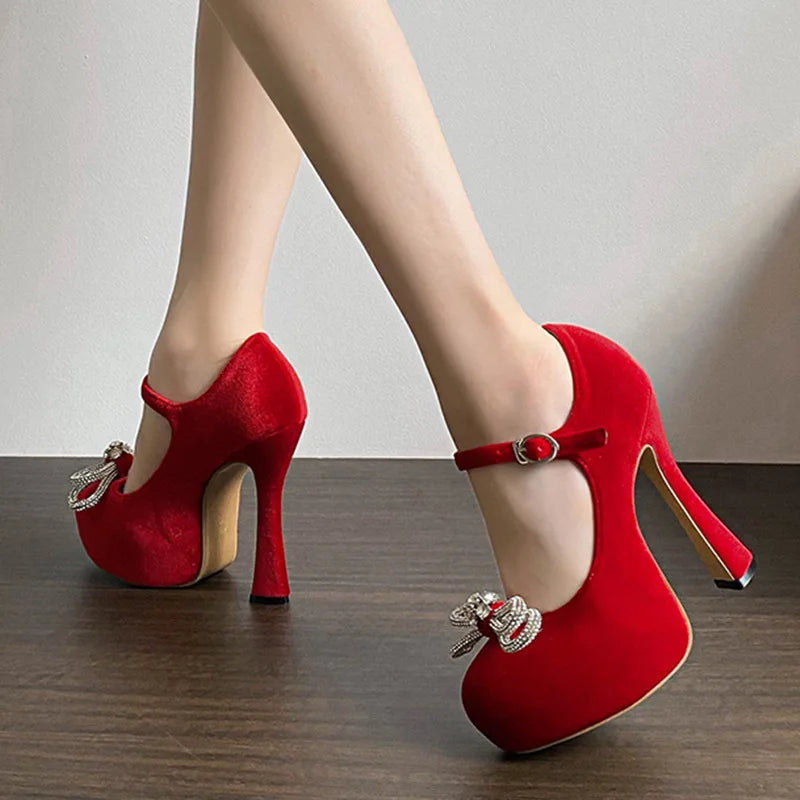 Soufree  -  Fashion Rhinestone Bow Design 13CM Super High Heels Women Luxury Brand Red Round Toe Suede Heeled Shoes Sexy Wedding Dress Shoes