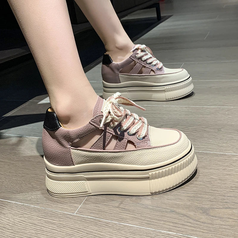 Soufree  - Fashion Chunky Sneakers Woman Flats Lace Up Super High Heels Round Toe Hollow Out Women Shoes Casual Shoes Zapatos De Mujer