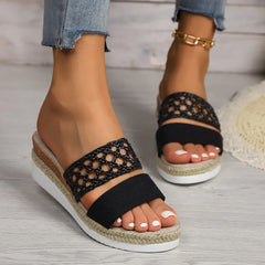 Soufree  -  Fashion Hollow Woven Bandage Sandals Fish Mouth Wrap The Instep Wedge Heel Slippers Women Comfortable Dressy Open Toe Shoes