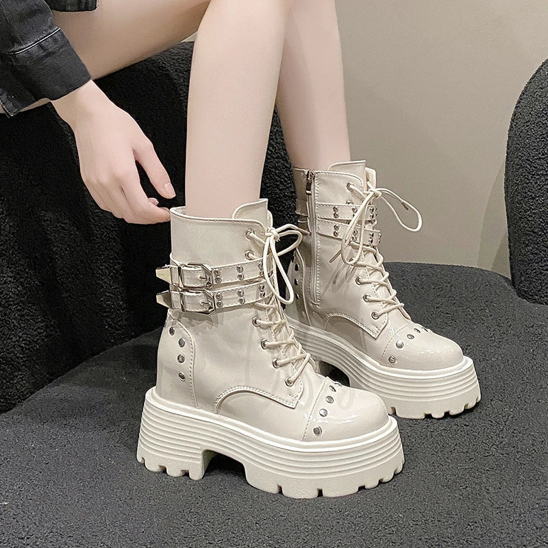 Soufree  -  Women Boots High Heels Shoes Lace Up Winter Footwear Round Toe Boots-Women Stiletto Autumn Rock Lolita Ladies Ankle PVC Sol