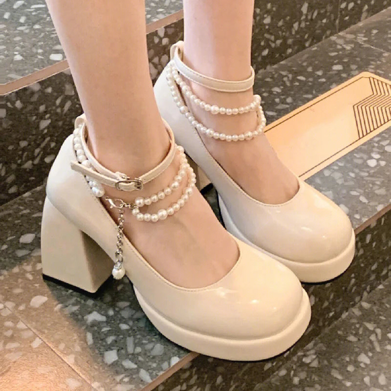 Soufree  -  Fashion Ankle Strap Pearl Pumps for Women New High Heels Platform Mary Janes Woan Round Toe Thick Heel Party Shoes Female