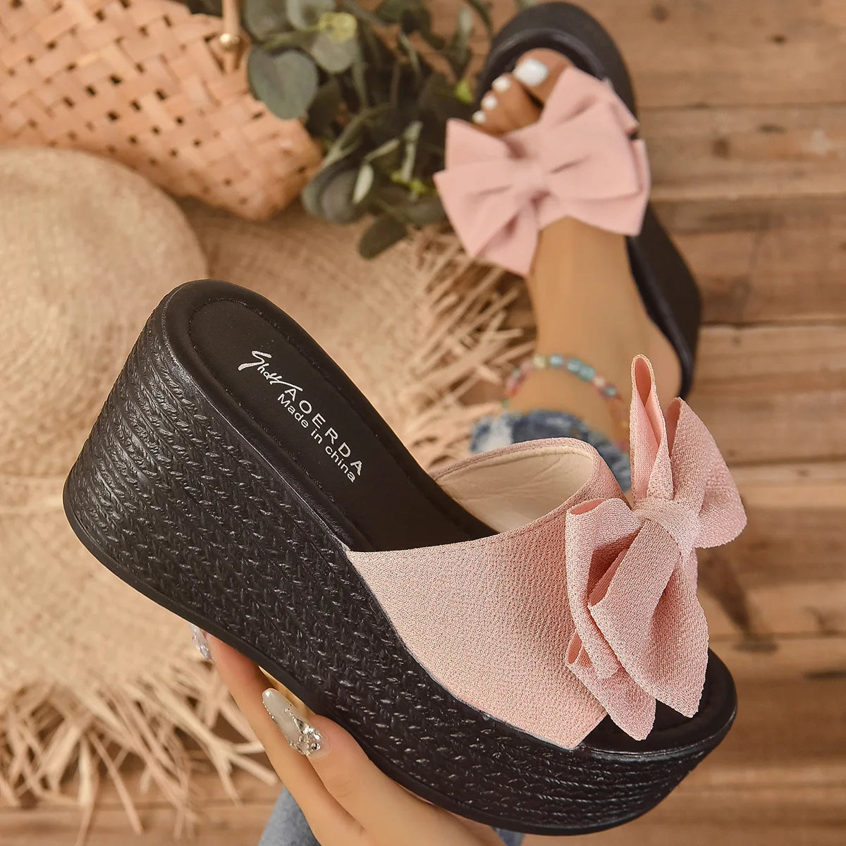 Soufree  -  Female Shoes Butterfly-Knot Ladies' Slippers Big Size On A Wedge Low Beige Heeled Sandals  Black Cotton Fabric Butterfly-kno