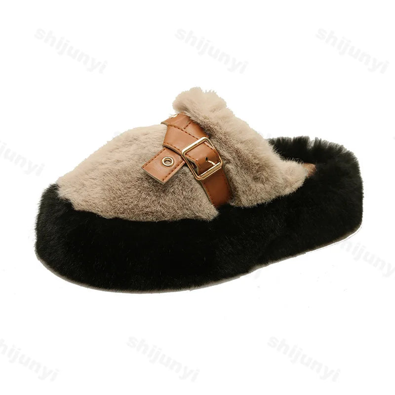 Soufree  -  Slippers Casual Flock  Platform Shoes New Fur Flip Flops Cover Toe Slipers Women Slides Luxury Plush Flat Rubber Slippers