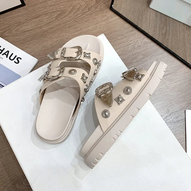 Soufree  -  Summer Punk Rock Women Slippers Rivets Platform Leather Mules Creative Metal Fittings Slippers Female Casual Sandals Shoe Slides