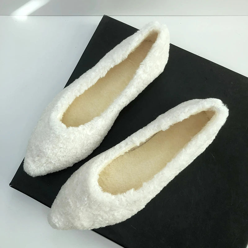 Soufree  -  Furry Shoes for Women Winter Warm Flat Heel Shoes White Black Loafers Pure Color Simple Concise Style All Match High Quality 44