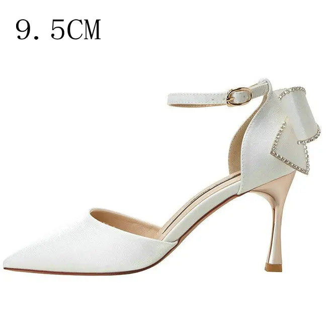 Soufree  - Star style Women Satin Pumps Fashion Rhinestones Stiletto High heels Party Shoes Summer Butterfly-knot Wedding Shoes