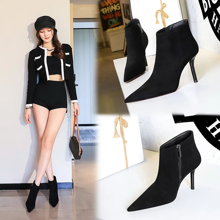 Soufree  -  Shoes Suede Ankle Boots For Women Heels Winter Boots Pointed Stilettos High-heeled Boots Side Zipper Black Short Boots