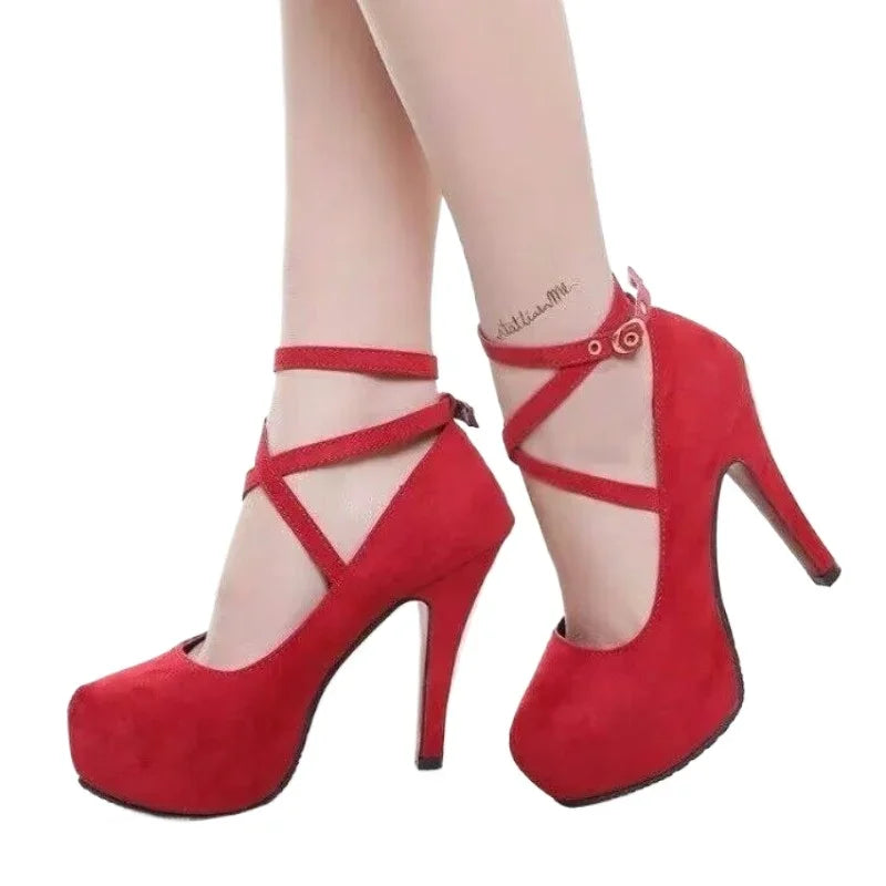 Soufree  -  12CM High Heels Women New Round Toe Platform Women's Pumps Buckle Strap Sexy Stiletto High Women Shoes Zapatos De Mujer