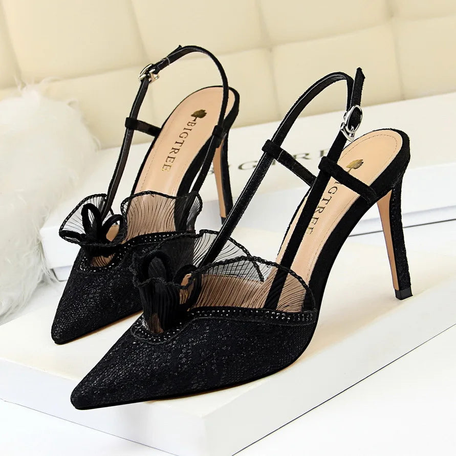 Soufree  -  Fashion Women Sandals Mesh Rhinestone Lace Hollow Kitten Pumps Stilettos Summer 313-5Thin High Heel Single Shoes Grace Slippers