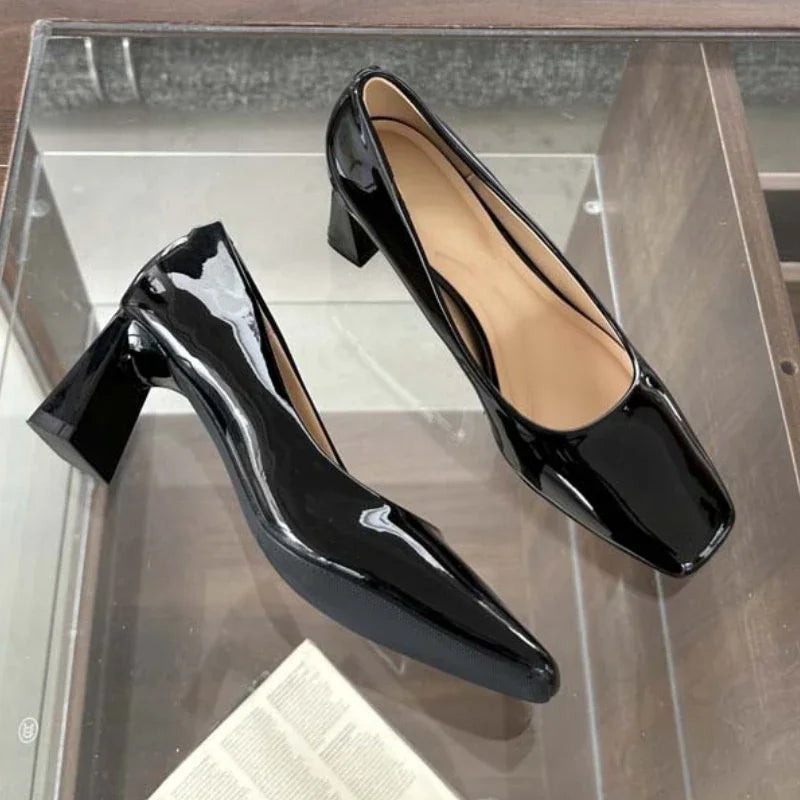 Soufree  -  prom shoes Spring  Autumn New High Heels Women Square Toe Pumps Female Fashion Concise Patent Leather Elegant Office Women's Shoes