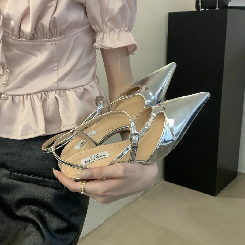 Soufree  -  New Design Silver Patent Leather Pumps Cross Line Buckle Pointy Heel Sandals For Women