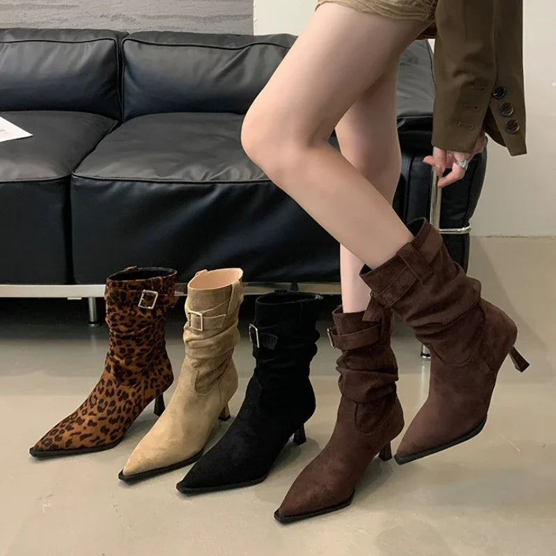 Soufree  -  Fashion Leopard Thin Heels Ankle Boots for Women Autumn Winter New Suede Pointed Toe Short Boots Belt Buckle Design Chelsea Boot