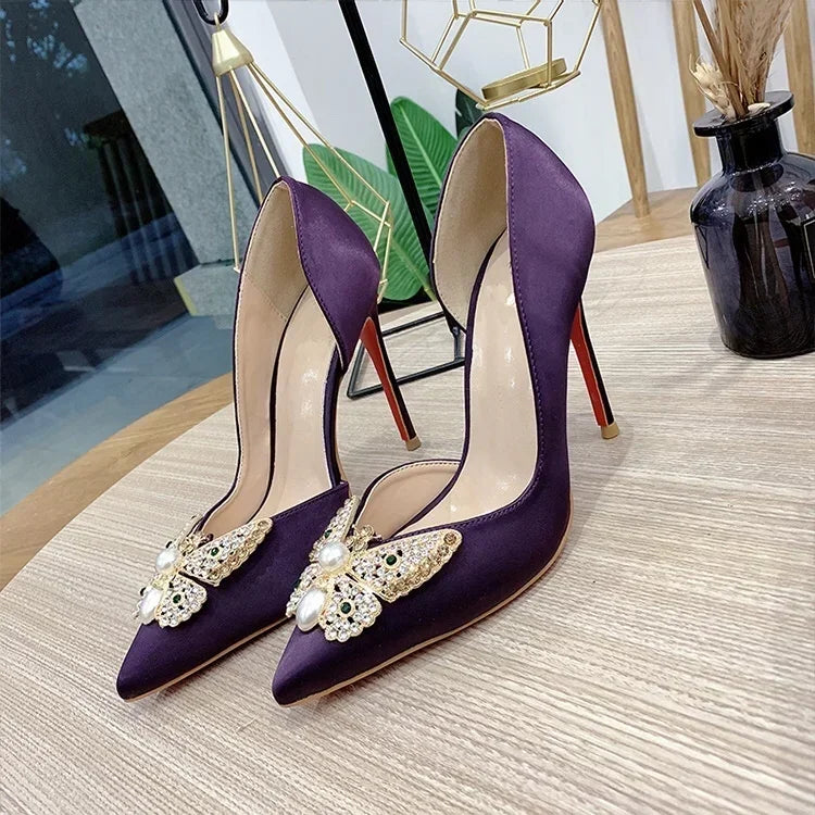 Soufree  -  New black patent leather side hollow rhinestone butterfly buckle decoration 12cm super high heels slim single order shoes