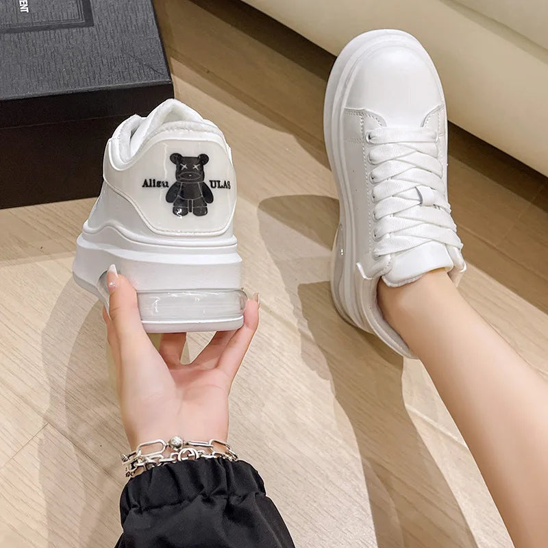 Soufree  -  Bear Height Increasing Women's White Sports Shoes Casual Thick-soled Sports Sneakers Tennis Female Ladies Shoes for Girls