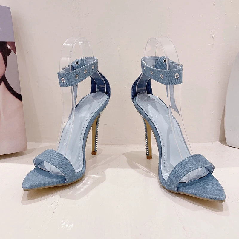 Soufree  -  Sexy Rhinestone Rivet Thin Heel Pointed Sandals Ankle Strap Heels Denim Fashion 2024 Summer Sandals For Women Black Blue