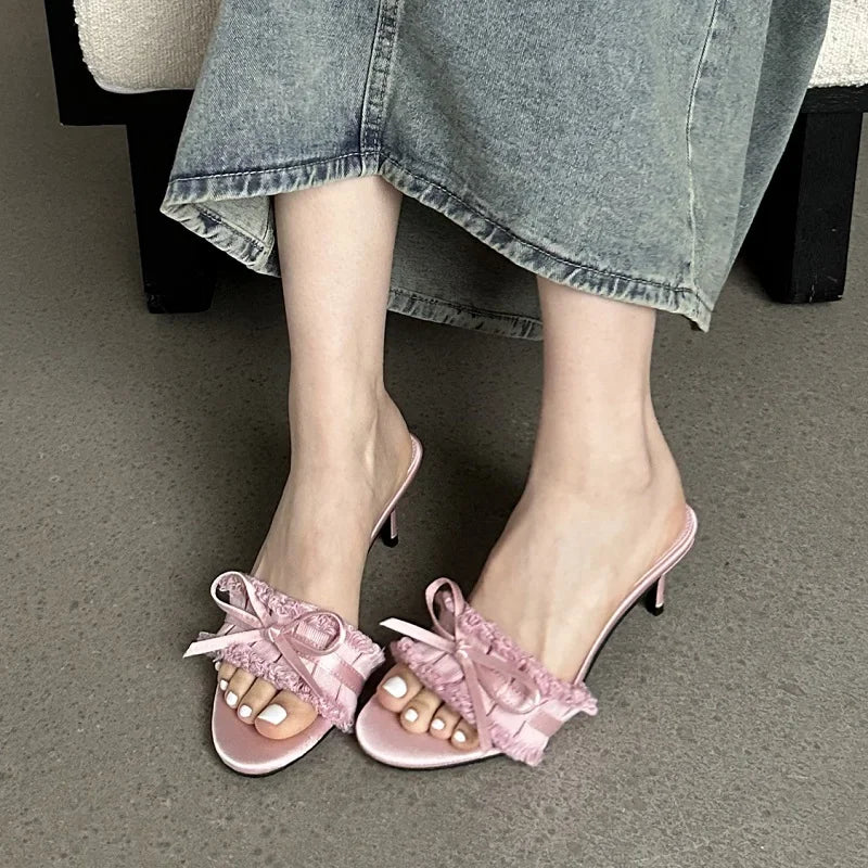 Soufree  -  Summer Silk Pleated Butterfly-knot Slippers Woman Fashion Thin Heels Party Stripper Ladies Mules Slides Luxury Design Sandals