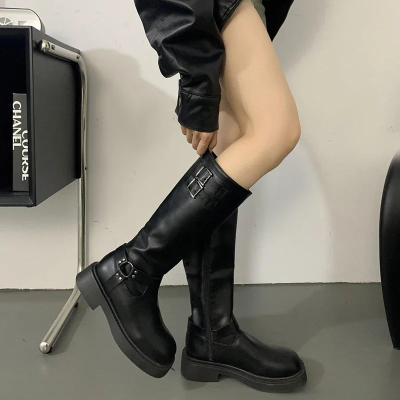 Soufree  -  Retro Style Women Knee High Boots Fashion Belt Buckle Knight Long Boots Platform Heels Autumn Winter Ladies Shoes