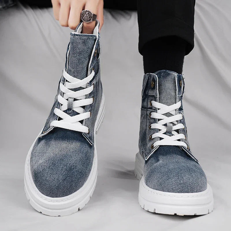 Soufree  -  Men's High Top Retro Denim Sneakers Are Fashionable Versatile, Lightweight and Outdoor Lace Up High Top Shoes  Hard-Wearing