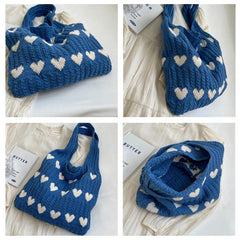 Soufree  -  Heart Knitted Women's Bag Knit Eco Bag Korean Foldable Shopper Y2K Crochet Rope Shoulder Bag Sweet Knitting Handbag Ins Tote Bag