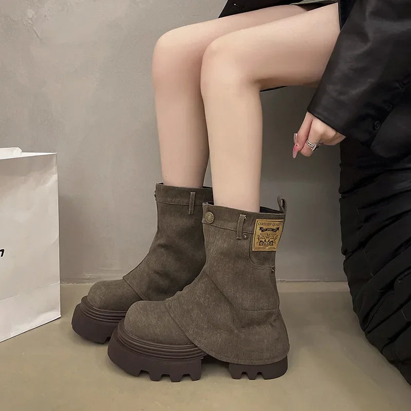 Soufree  -  Designer Women Chunky Denim Short Boots New Fashion Platform Heel Pants Booties Ladies Comfort Women Knight Ankle Boots