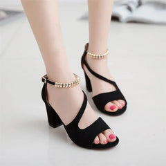 Soufree  -  spring summer sexy fish mouth hollow Roman sandals thick with word with beaded high heels female summer Sexy female sandals