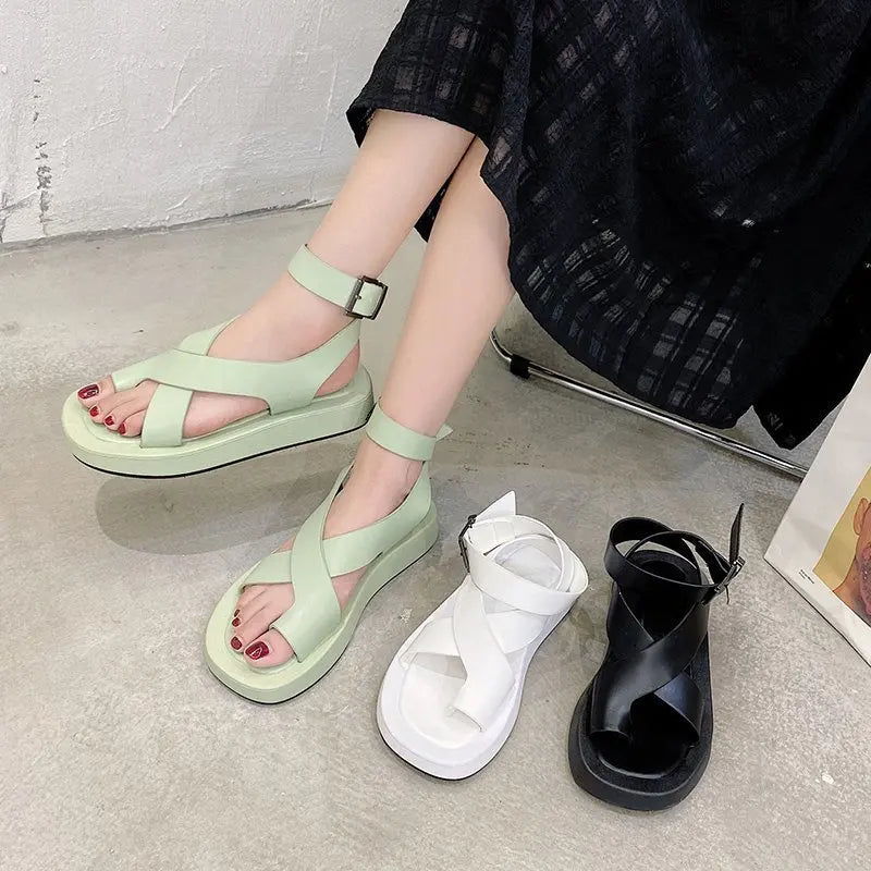 Soufree  -  Clip Toe Sandals Women Solid Leather Summer New Sandals Ladies Roman Women Shoes Muffin Sandals Platform Shoes Woman