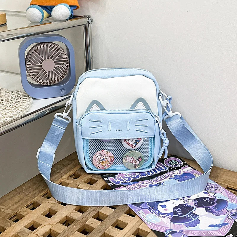 Soufree  -  Harajuku Mini Women Ita Bags Women Casual Nylon Cartoon Cat Embroidered Bolso Mujer Daily Subculture DIY Badge Bag Female