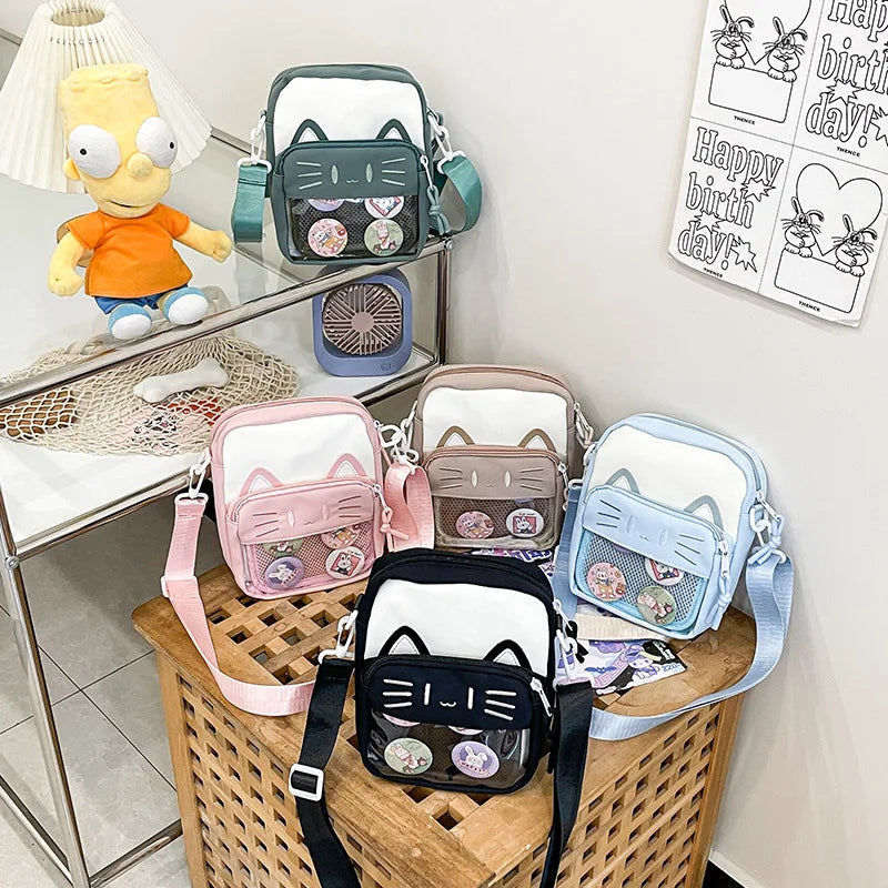 Soufree  -  Harajuku Mini Women Ita Bags Women Casual Nylon Cartoon Cat Embroidered Bolso Mujer Daily Subculture DIY Badge Bag Female