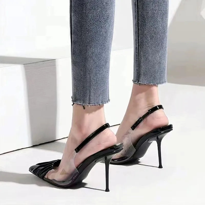 Soufree  -  Fashion Pointy Toe Pleated Design High Heeled Sandals Women Summer Sexy Clear Backstrap Stiletto Heels Party Wedding Women Pumps