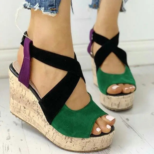 Soufree  -  Cross Large Size Beige Heeled Sandals Velvet Shoes Cross-Shoes Clogs Wedge Summer Espadrilles Platform Big Black High Suede