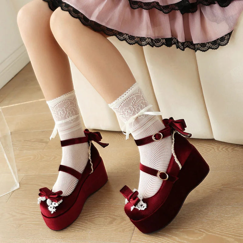 Soufree  -  Spring New Princess Lolita Platform Mary Jane Party Shoes Womens Sweet Bow Thick Flat Platform Cosplay Wedge Heels Pumps 45