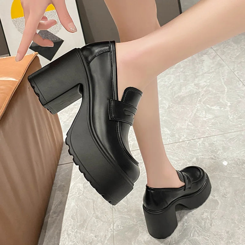 Soufree  -  Black White Chunky Platform Loafers Women Autumn Thick High Heel Pumps Woman Slip On Pu Leather Goth Shoes Female