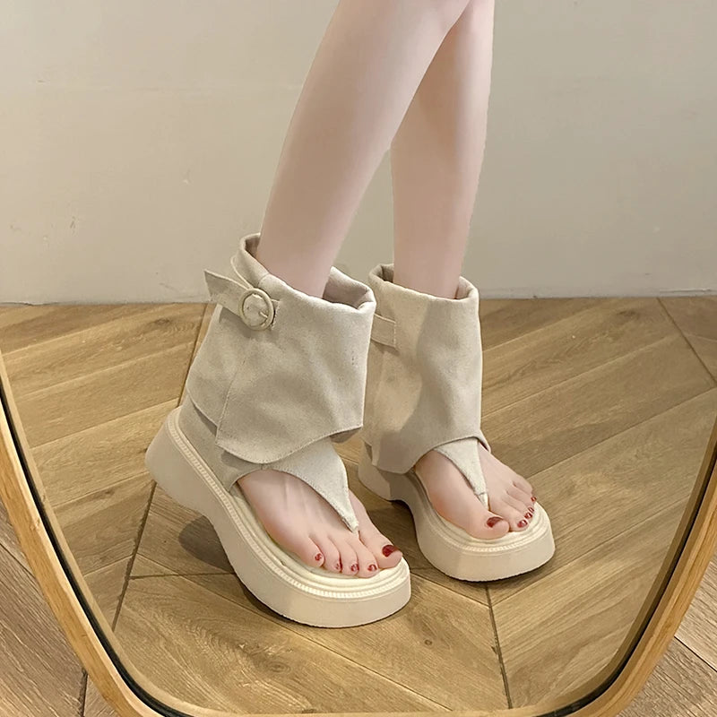 Soufree  -  Designer Style Clip Toe Chunky Boots Sandals Fashion Women Slip On Flip Flop Short Booties Party Dress Female Shoes