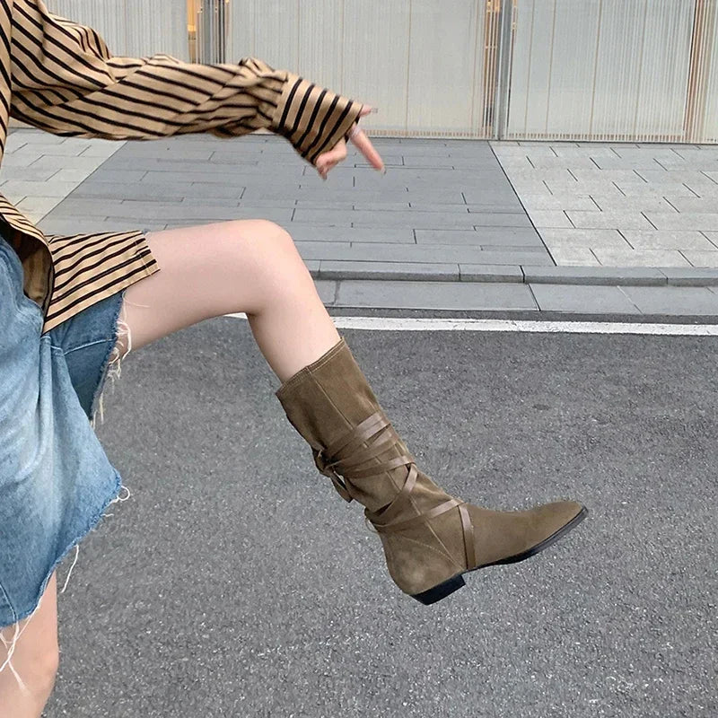 Soufree  -  Spring Autumn Women Suede Long Boots Fashion Cross Strap Western Knight Booties Pointed Toe Female Shoes