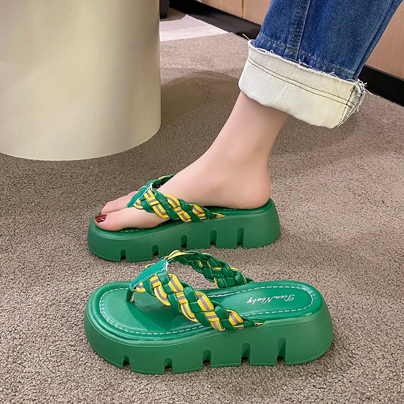 Soufree  -  Leisure Slippers Woman Slides Flip Flops Casual Flat High Heels Women Shoes Pleated Summer Slippers Plus Size Zapatillas Mujer